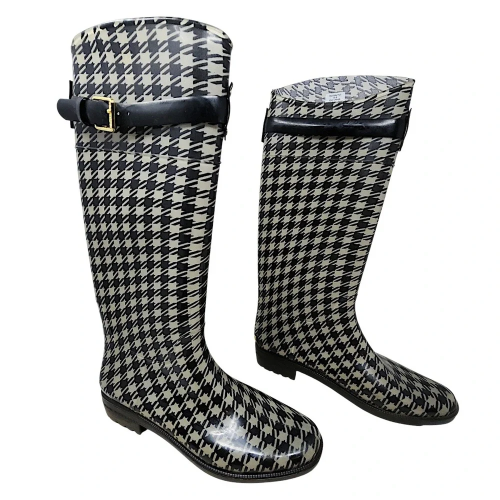 Lauren Ralph Lauren Rain Boots 10 Wom Rossalyn II Black Houndstooth Buckle Tall